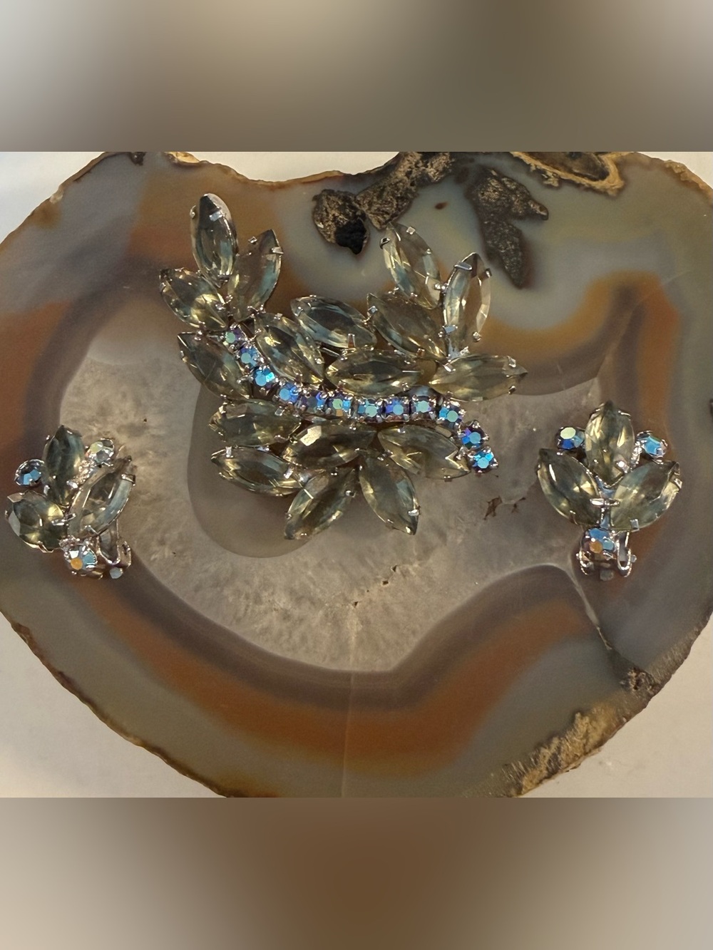 Vintage Mid century Smokey glass rhinestones AB blue swirl Brooch Guc open back